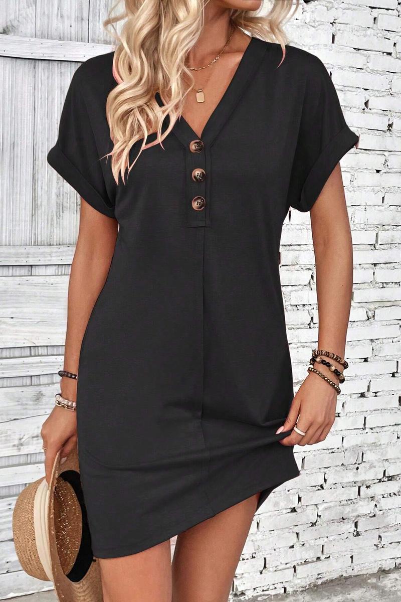 TBG V-Neck Buttoned Shoulder Roll Sleeve Dress