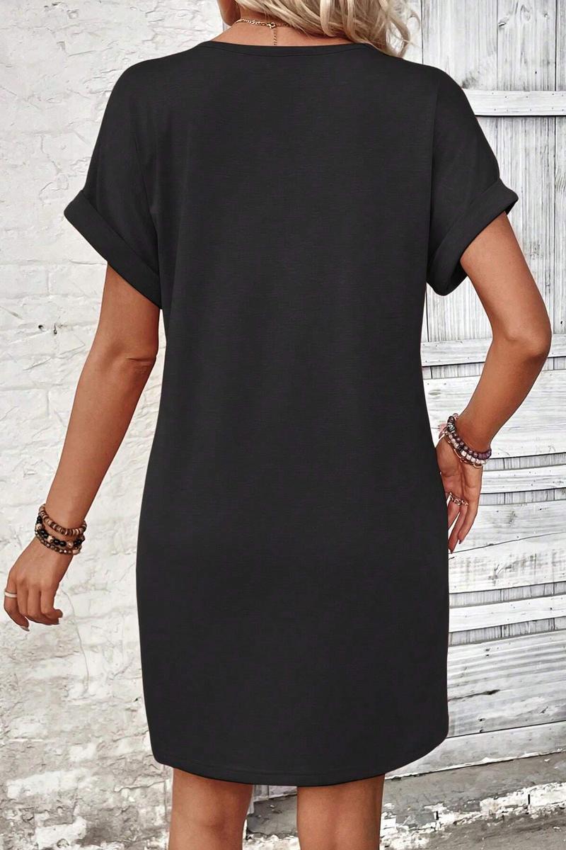 TBG V-Neck Buttoned Shoulder Roll Sleeve Dress