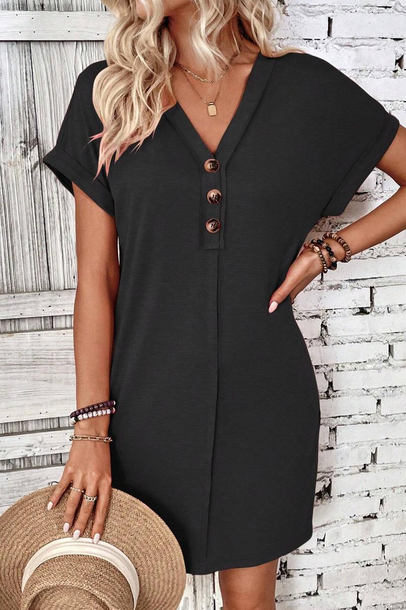 TBG V-Neck Buttoned Shoulder Roll Sleeve Dress