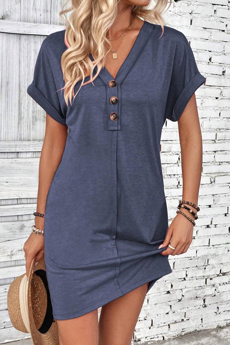 TBG V-Neck Buttoned Shoulder Roll Sleeve Dress