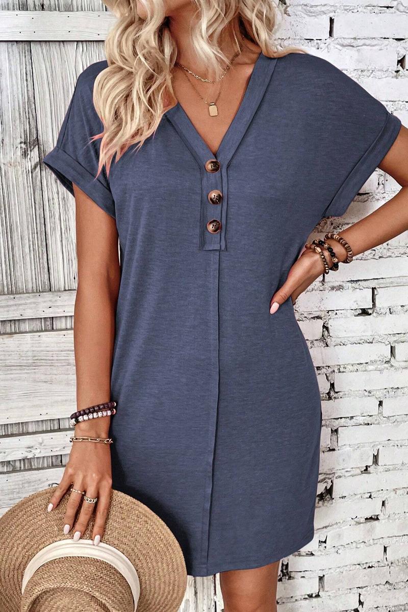 TBG V-Neck Buttoned Shoulder Roll Sleeve Dress