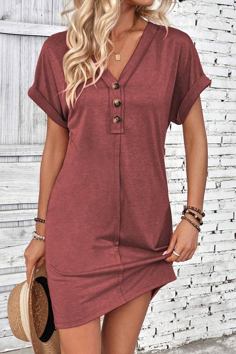 TBG V-Neck Buttoned Shoulder Roll Sleeve Dress