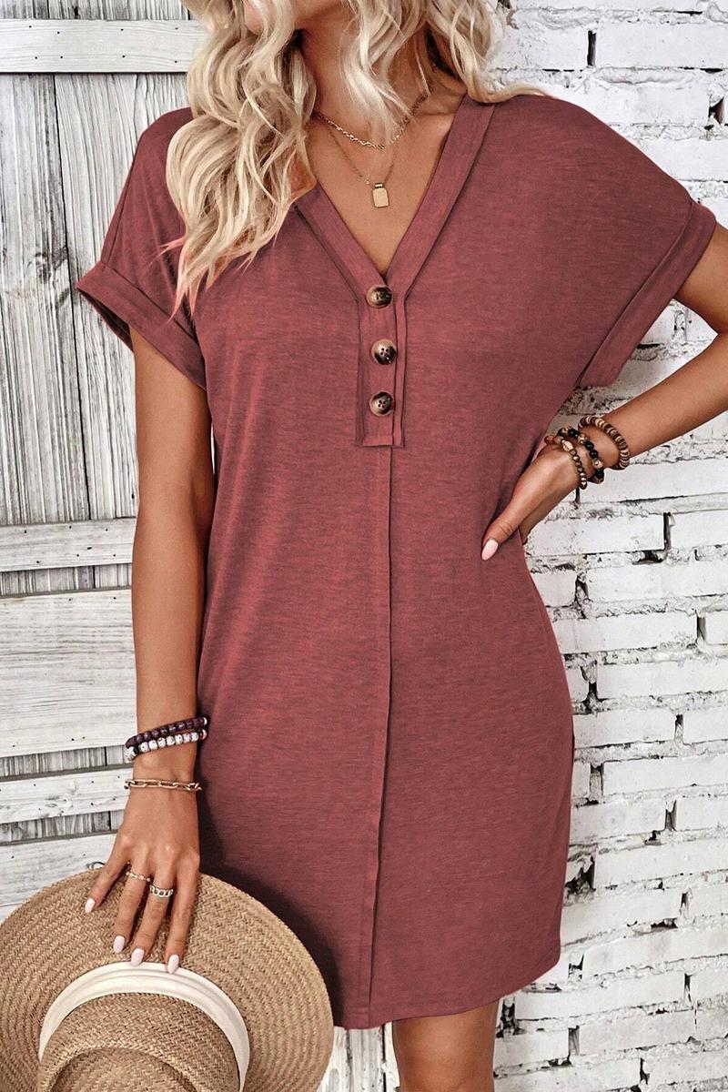 TBG V-Neck Buttoned Shoulder Roll Sleeve Dress