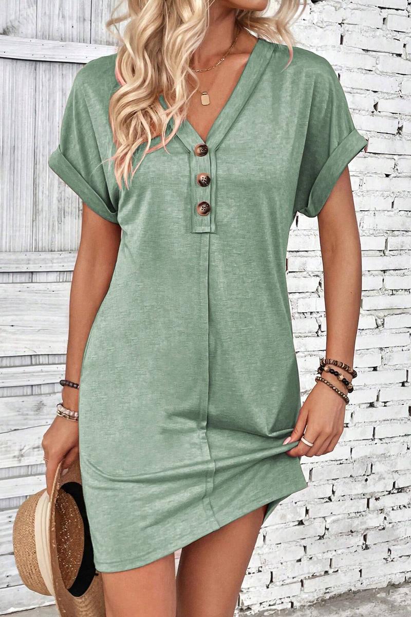 TBG V-Neck Buttoned Shoulder Roll Sleeve Dress