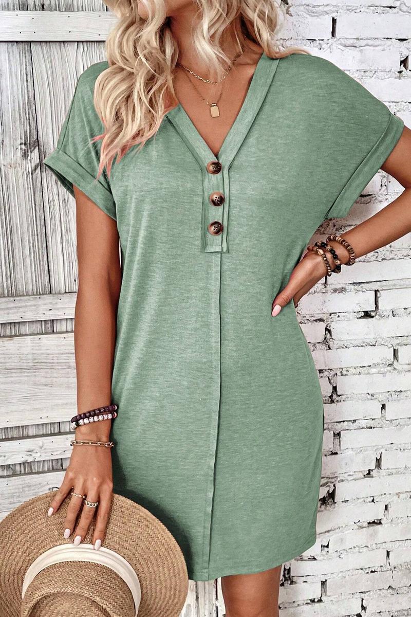 TBG V-Neck Buttoned Shoulder Roll Sleeve Dress