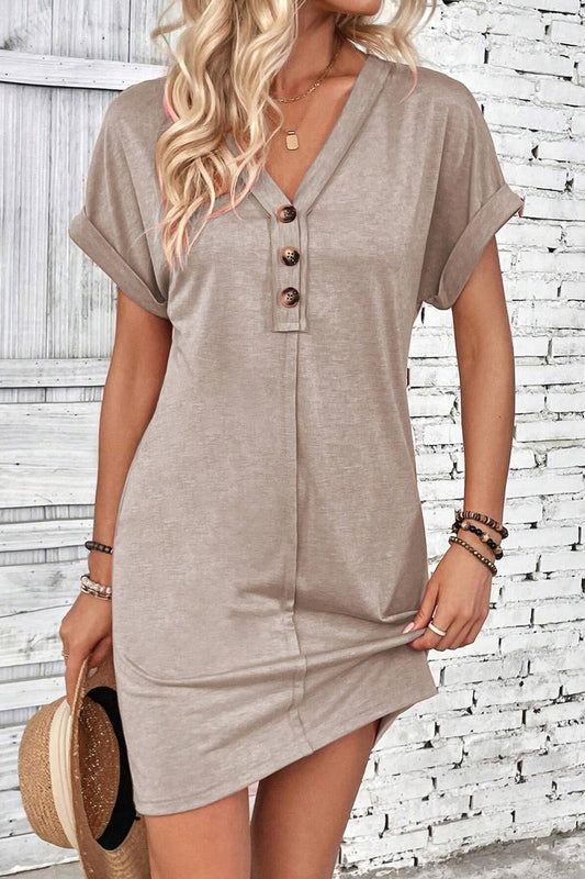 TBG V-Neck Buttoned Shoulder Roll Sleeve Dress