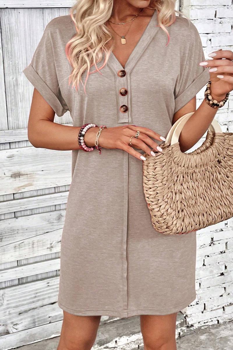 TBG V-Neck Buttoned Shoulder Roll Sleeve Dress