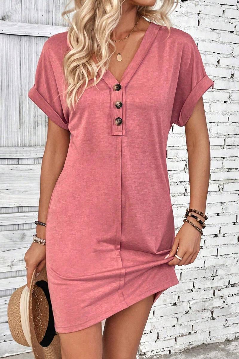 TBG V-Neck Buttoned Shoulder Roll Sleeve Dress