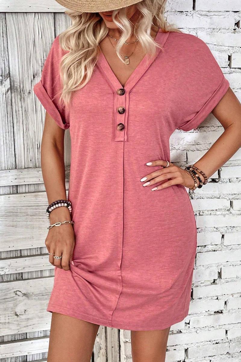 TBG V-Neck Buttoned Shoulder Roll Sleeve Dress