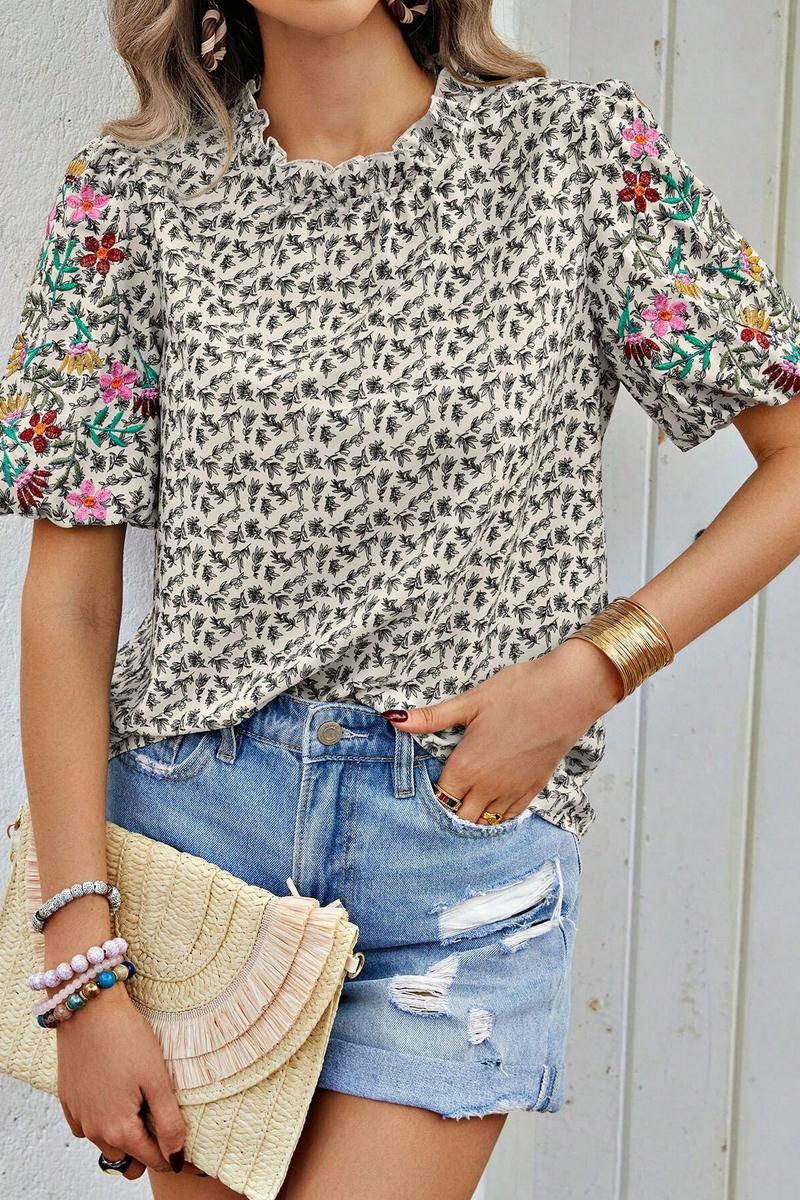 TBG Floral Embroidery High-Neck Top