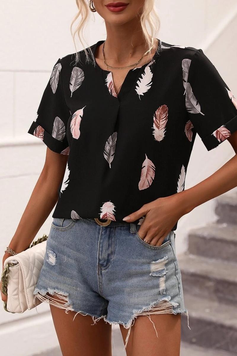 TBG Feather Print V-neck Loose T-shirt