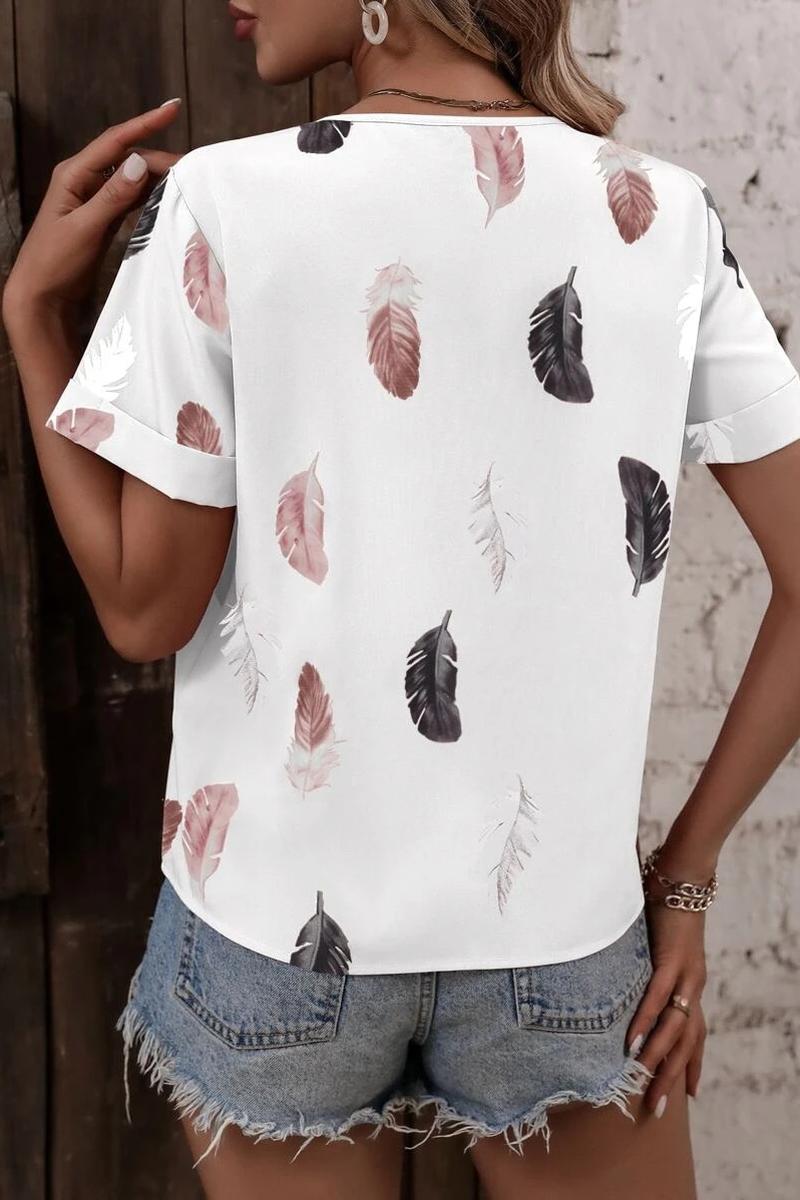 TBG Feather Print V-neck Loose T-shirt