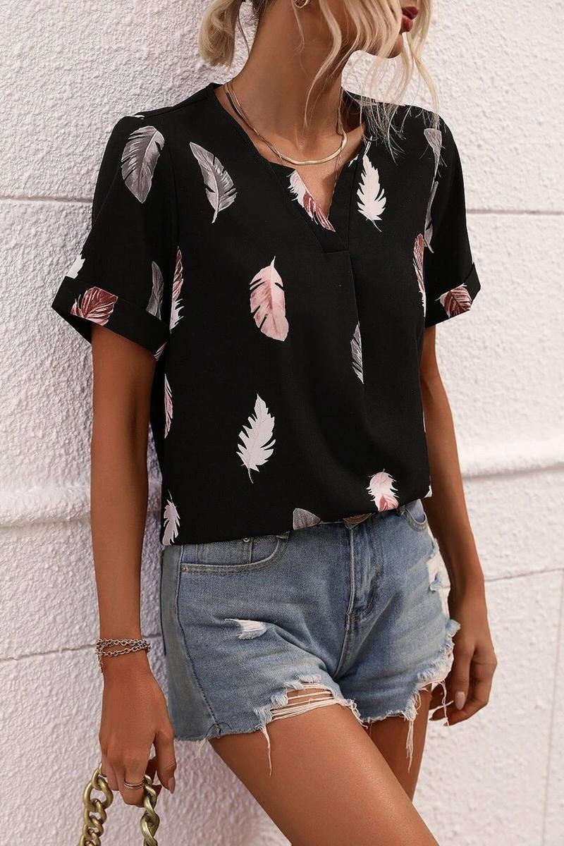 TBG Feather Print V-neck Loose T-shirt