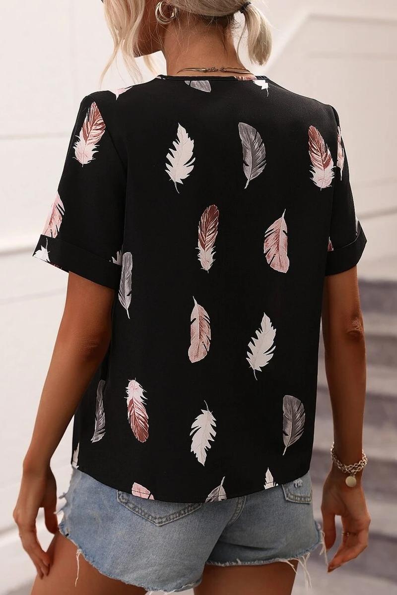 TBG Feather Print V-neck Loose T-shirt