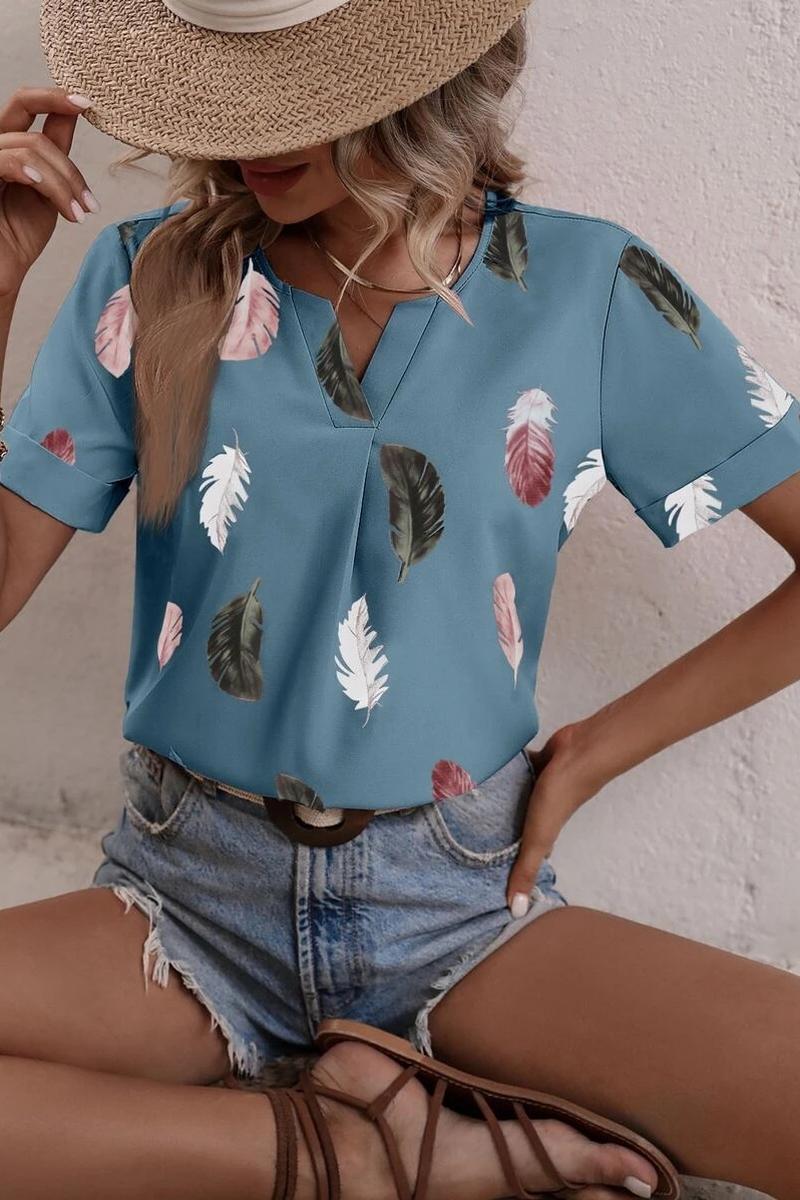 TBG Feather Print V-neck Loose T-shirt