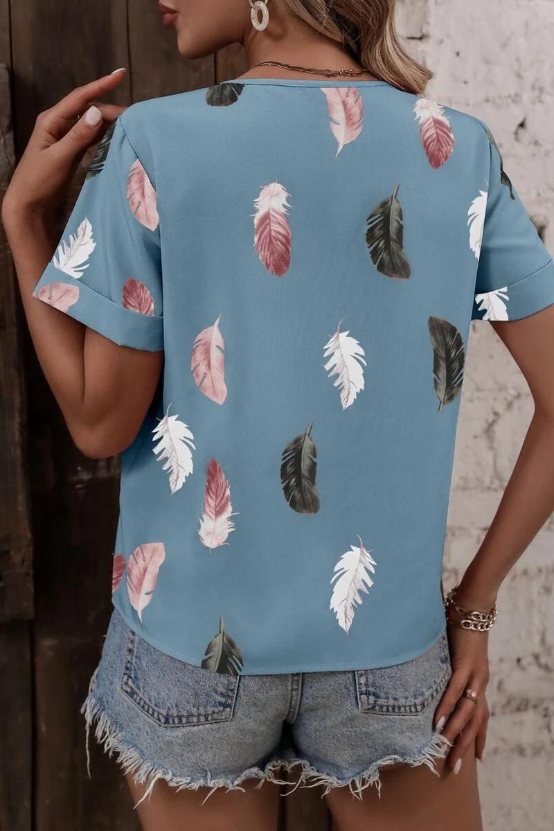 TBG Feather Print V-neck Loose T-shirt