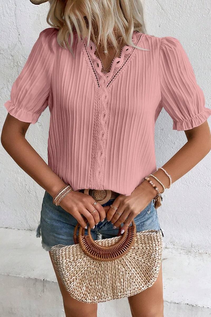 TBG Striped Lace-up V-neck Short Sleeve Top