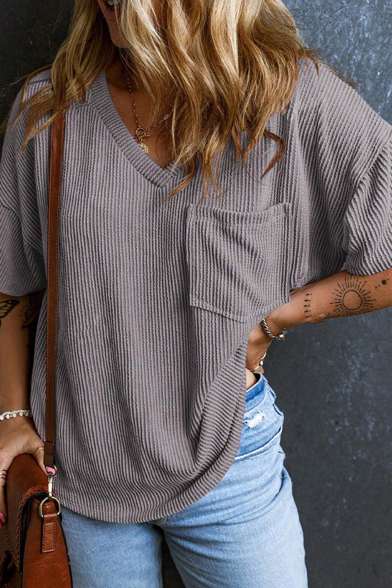 TBG Twist Front Pocket V-neck Short Sleeve Top