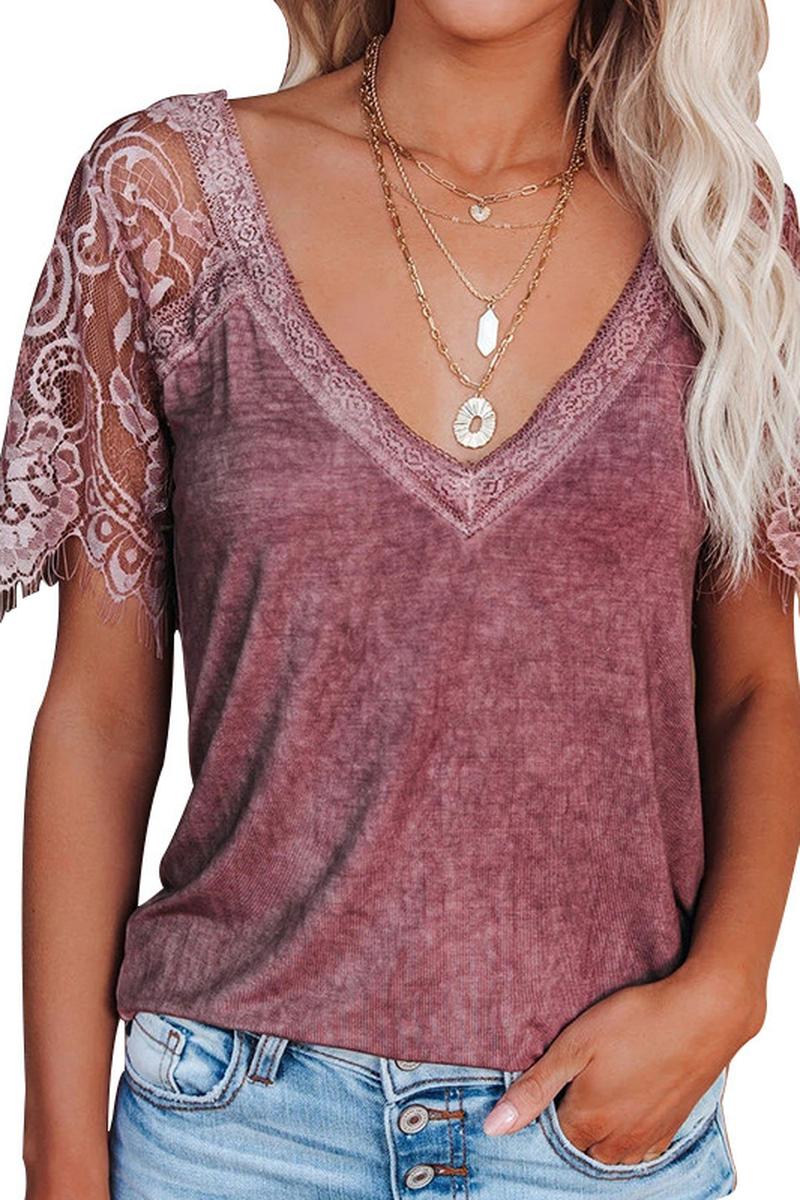 TBG Feather Lace Sleeve V-neck T-shirt