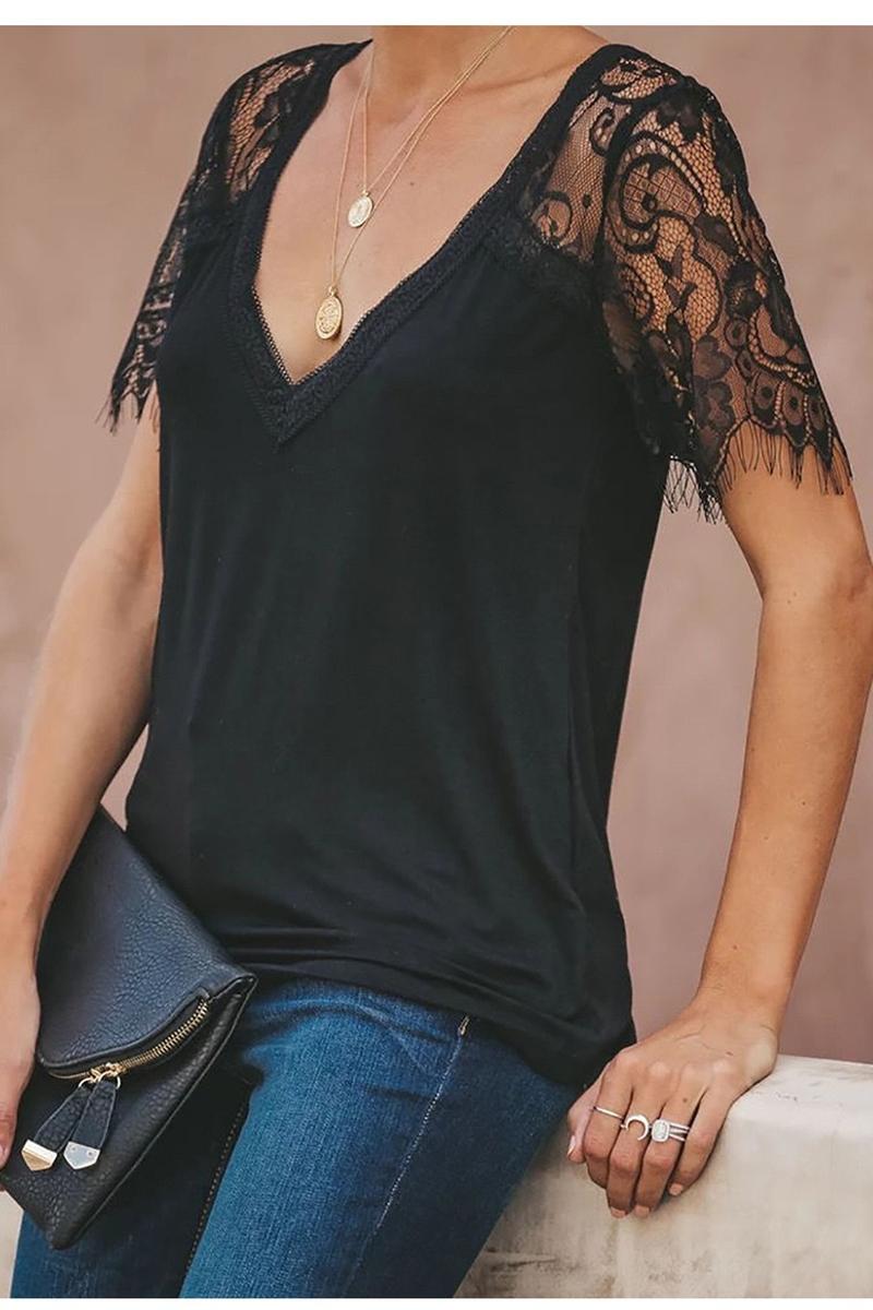 TBG Feather Lace Sleeve V-neck T-shirt